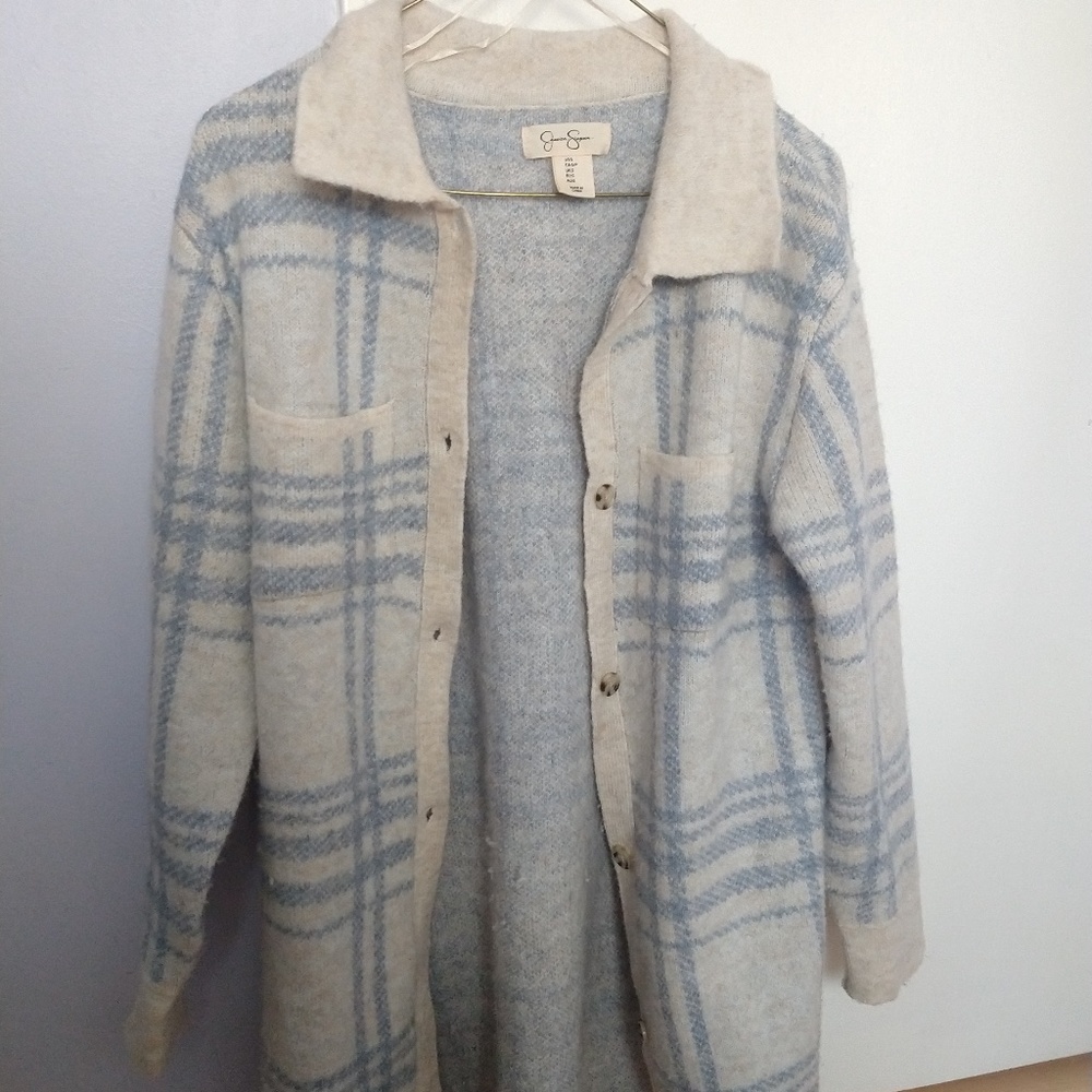 Baby Blue Grid Long Cardigan - Jessica Simpson